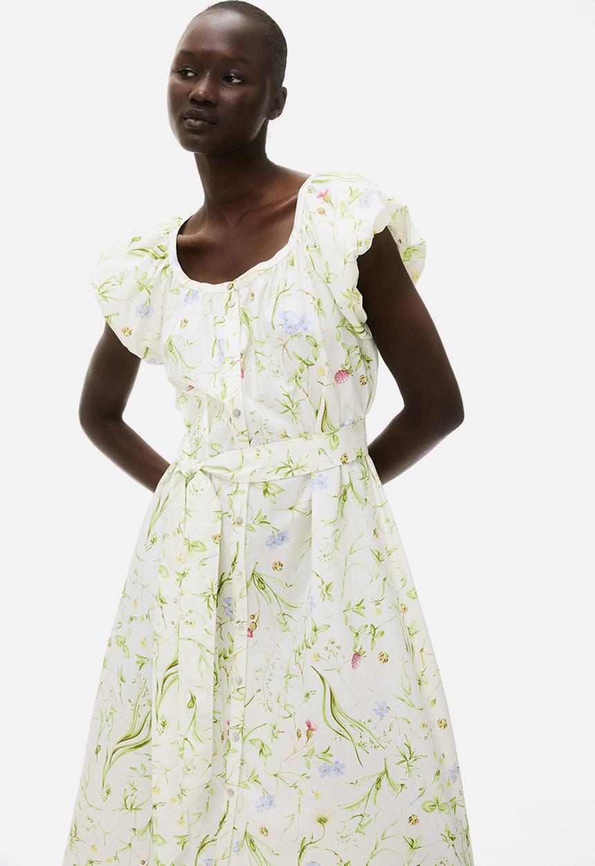 H&M - Puff-sleeved poplin dress - white/floral 