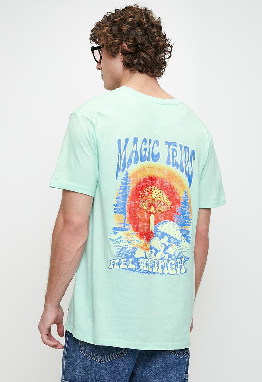 Brave Soul - Crew Neck OversizedT-Shirt - Pale Mint / Multi-Colour Print