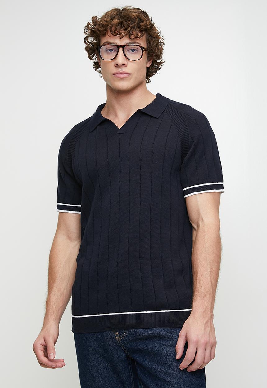 Brave Soul - Short Sleeved Open Collar Polo - Midnight Navy/Vintage White