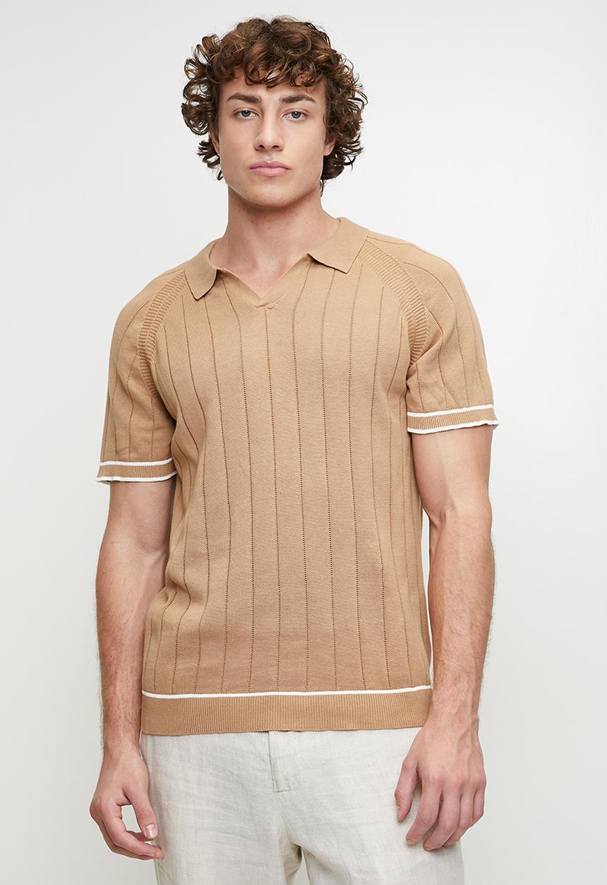 Brave Soul - Short Sleeved Open Collar Polo - Tan/Vintage White