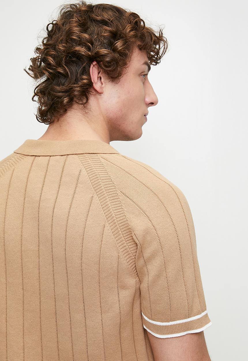 Brave Soul - Short Sleeved Open Collar Polo - Tan/Vintage White