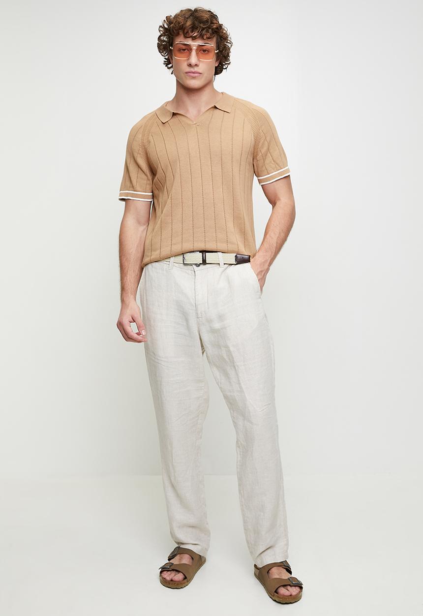 Brave Soul - Short Sleeved Open Collar Polo - Tan/Vintage White