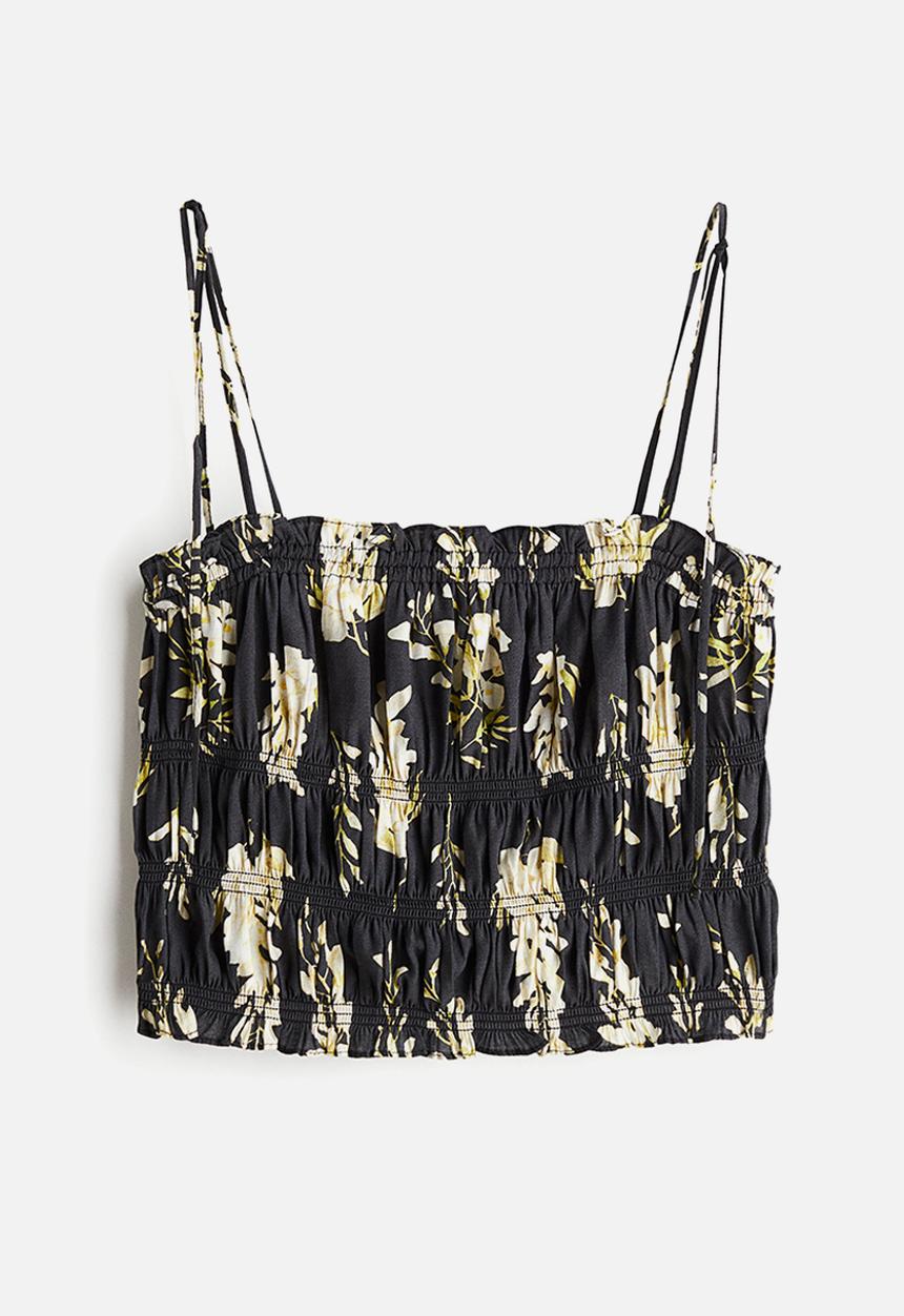 H&M - Tie-strap smocked top - black/floral 