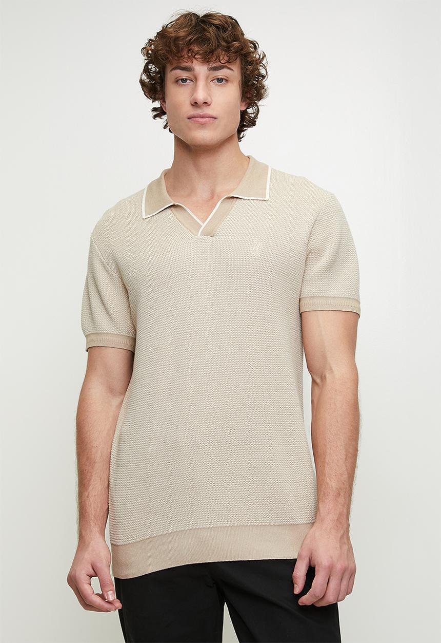 POLO - Andy textured tipped knitted golfer - stone	