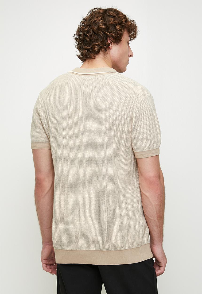 POLO - Andy textured tipped knitted golfer - stone	