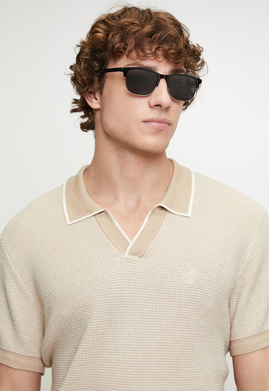 POLO - Andy textured tipped knitted golfer - stone	