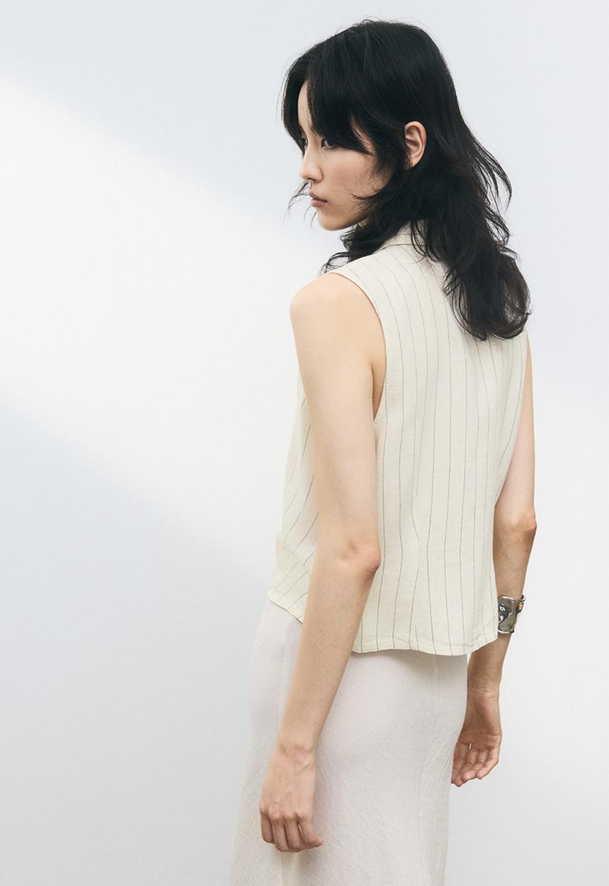 H&M - Linen-blend sleeveless shirt - cream/pinstriped