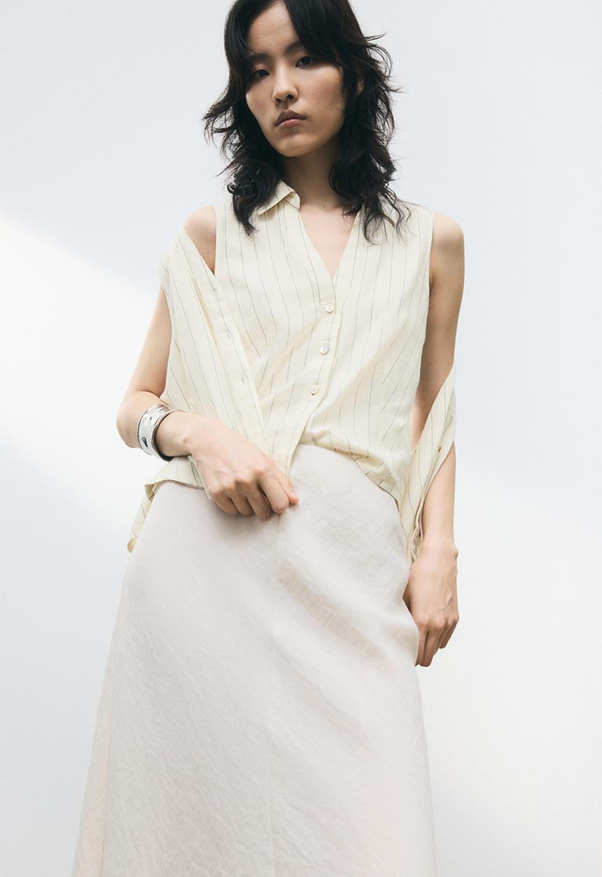 H&M - Linen-blend sleeveless shirt - cream/pinstriped