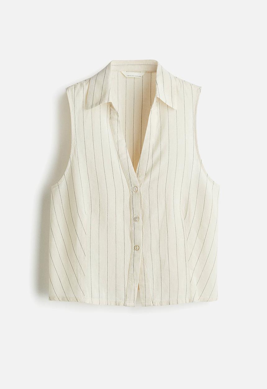 H&M - Linen-blend sleeveless shirt - cream/pinstriped