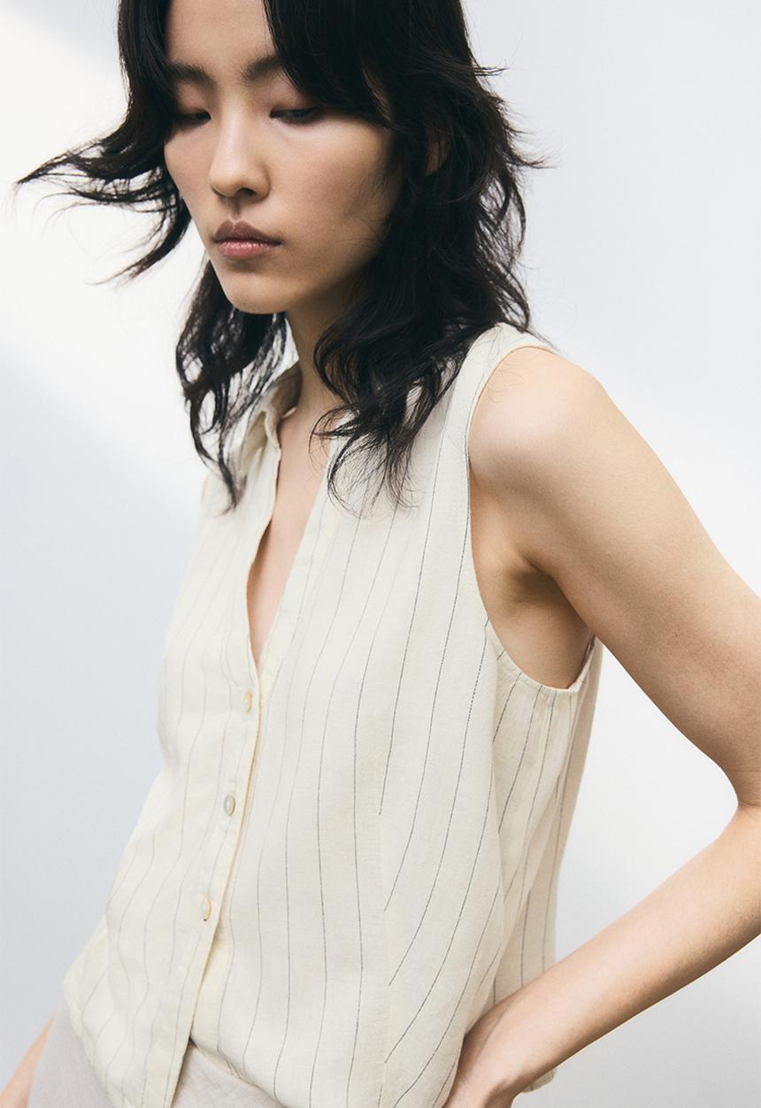 H&M - Linen-blend sleeveless shirt - cream/pinstriped