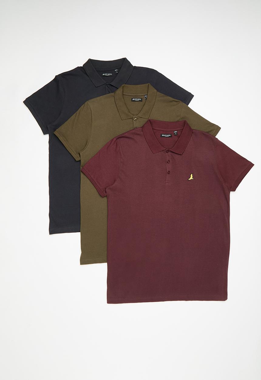 Brave Soul - 3 Pack PoloShort Sleeve  - Navy / Khaki / Burgundy