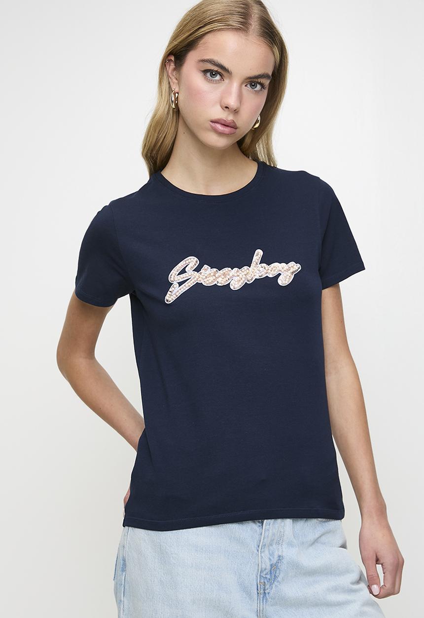 SISSY BOY - Love And Be Loved: Regular Fit Sequin And Pearl Logo Top - Navy