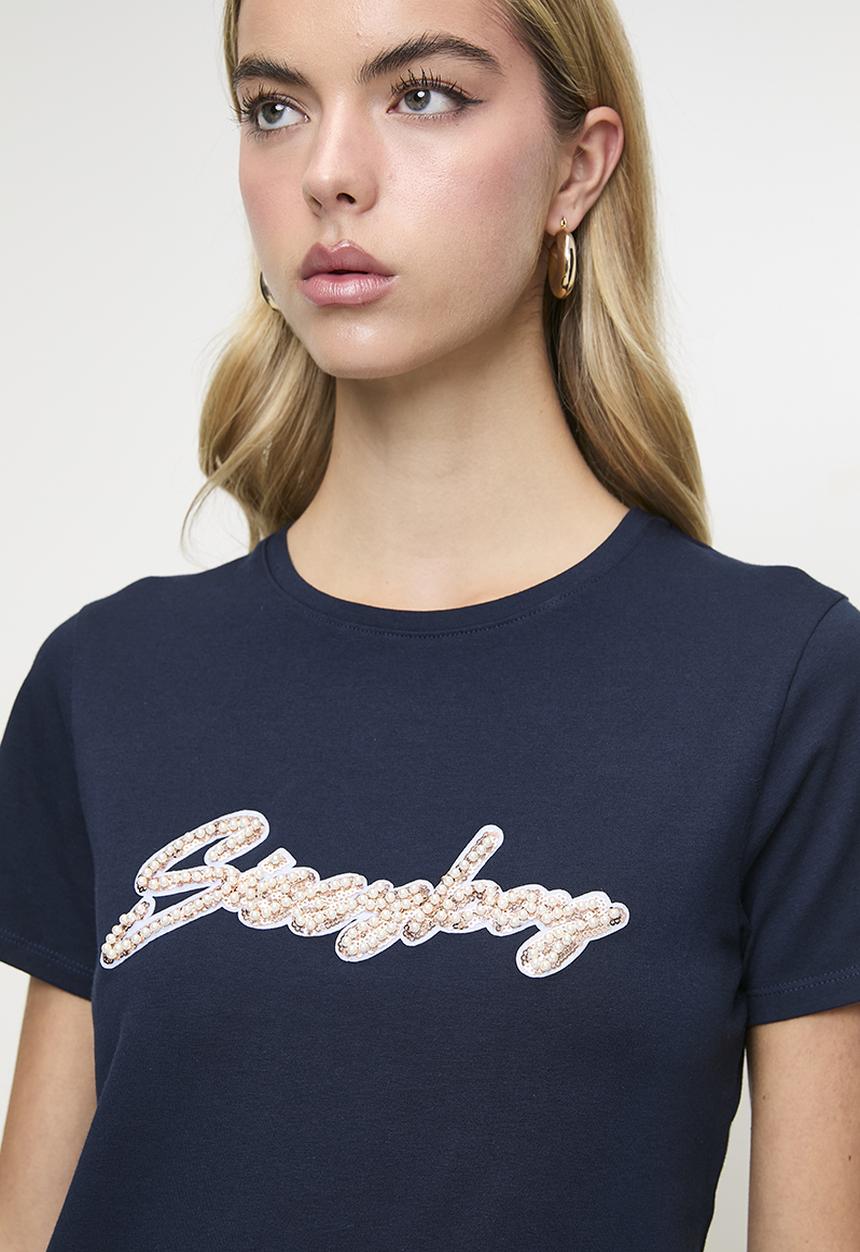 SISSY BOY - Love And Be Loved: Regular Fit Sequin And Pearl Logo Top - Navy