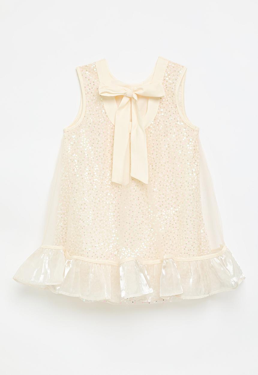Pop Candy - Sequin a-line dress with silk organza hem overlay - seashell white