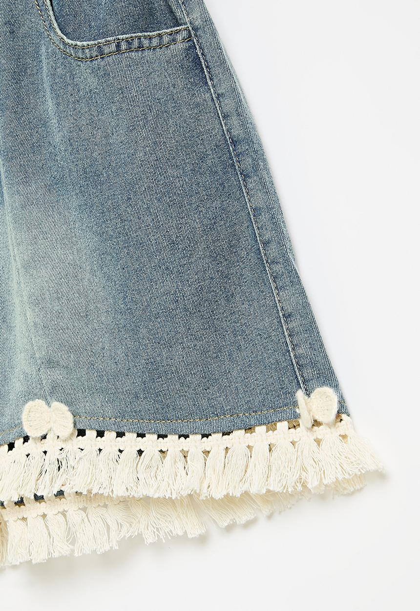 Pop Candy - Panelled denim shorts with fringed hem - blue