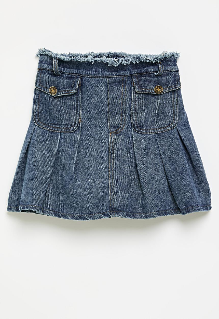Pop Candy - Frayed waistband denim skirt with pleating - blue