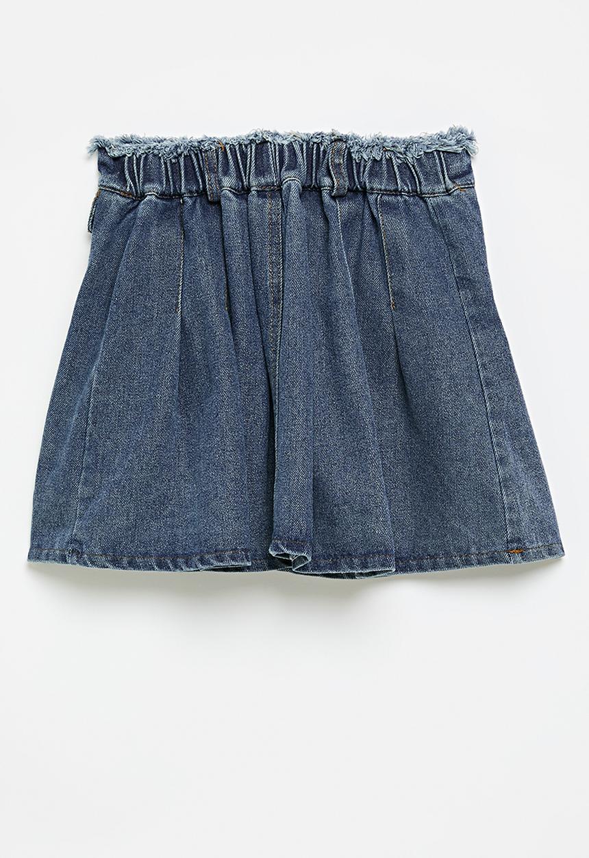 Pop Candy - Frayed waistband denim skirt with pleating - blue