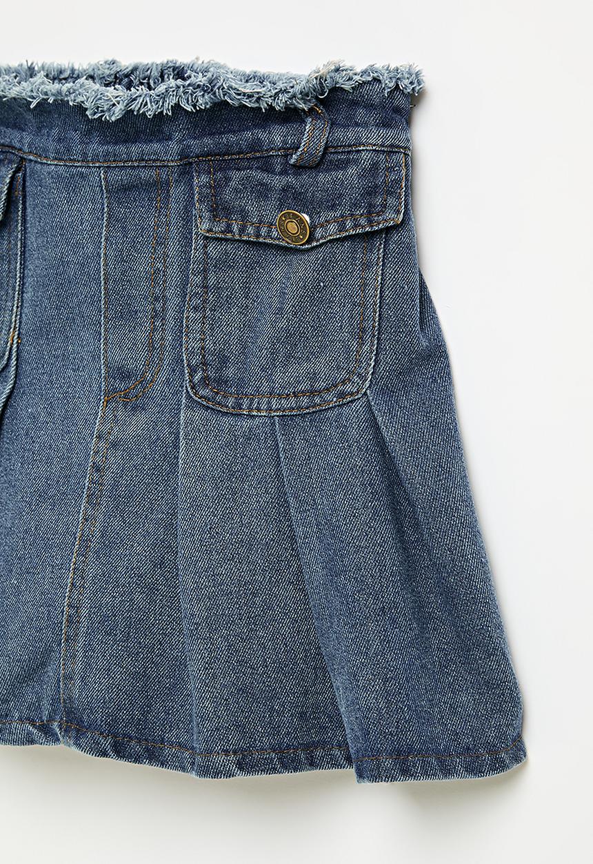 Pop Candy - Frayed waistband denim skirt with pleating - blue