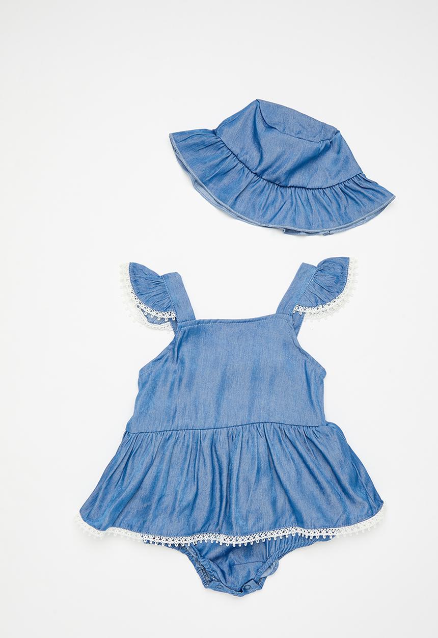 Pop Candy - Denim look dress with gathered bucket hat - blue
