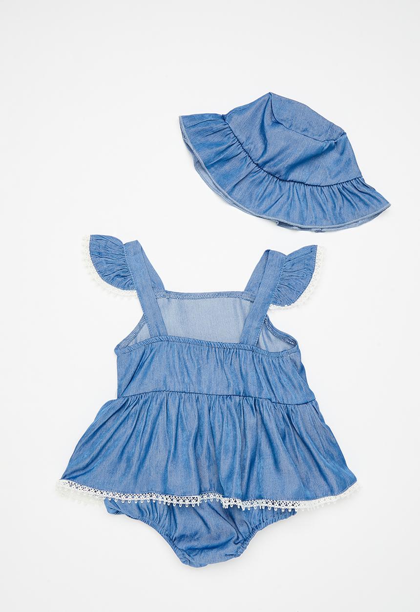 Pop Candy - Denim look dress with gathered bucket hat - blue