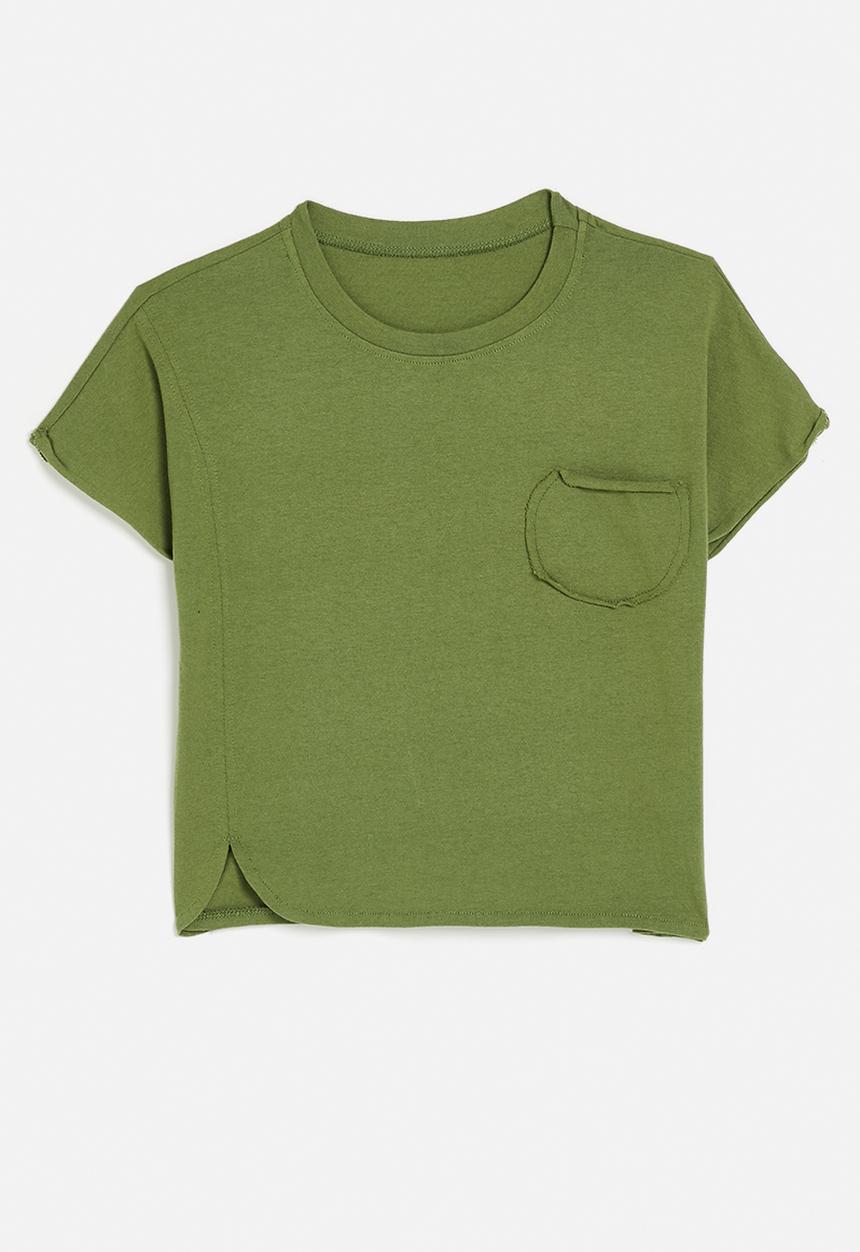 Pop Candy - Asymmetrical front hem tee with stylised pocket - sap green