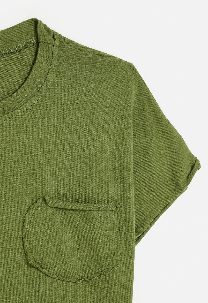 Pop Candy - Asymmetrical front hem tee with stylised pocket - sap green