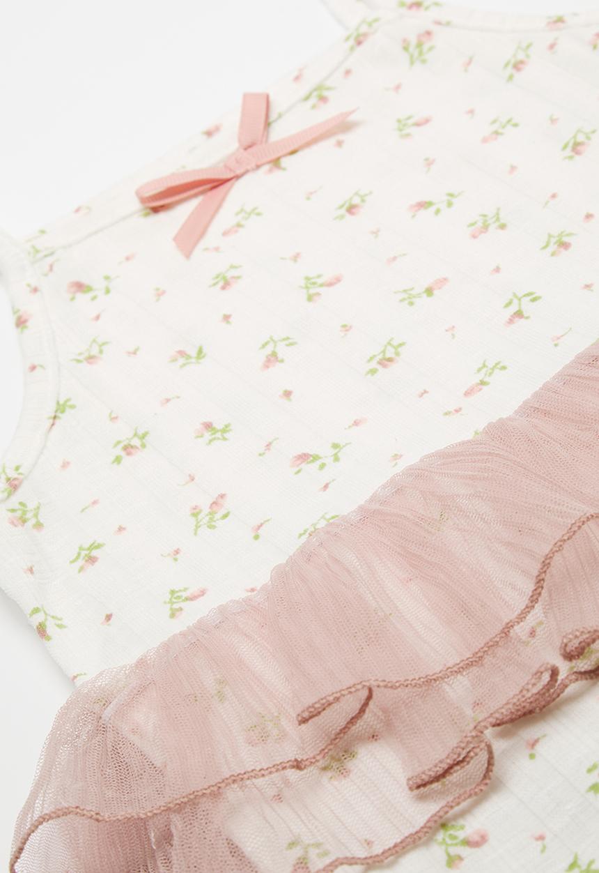 Pop Candy - Ditsy floral bodyvest with double mesh flounce - off white/pink