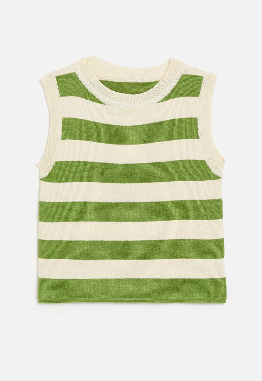Pop Candy - Awning striped lightweight knit vest - green/beige