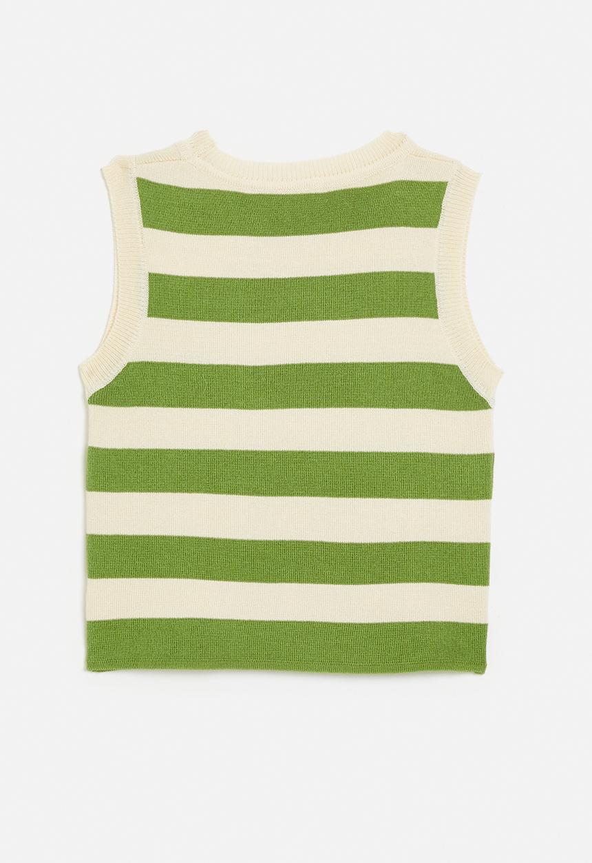 Pop Candy - Awning striped lightweight knit vest - green/beige
