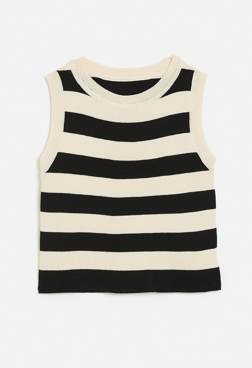 Pop Candy - Awning striped lightweight knit vest - black/beige