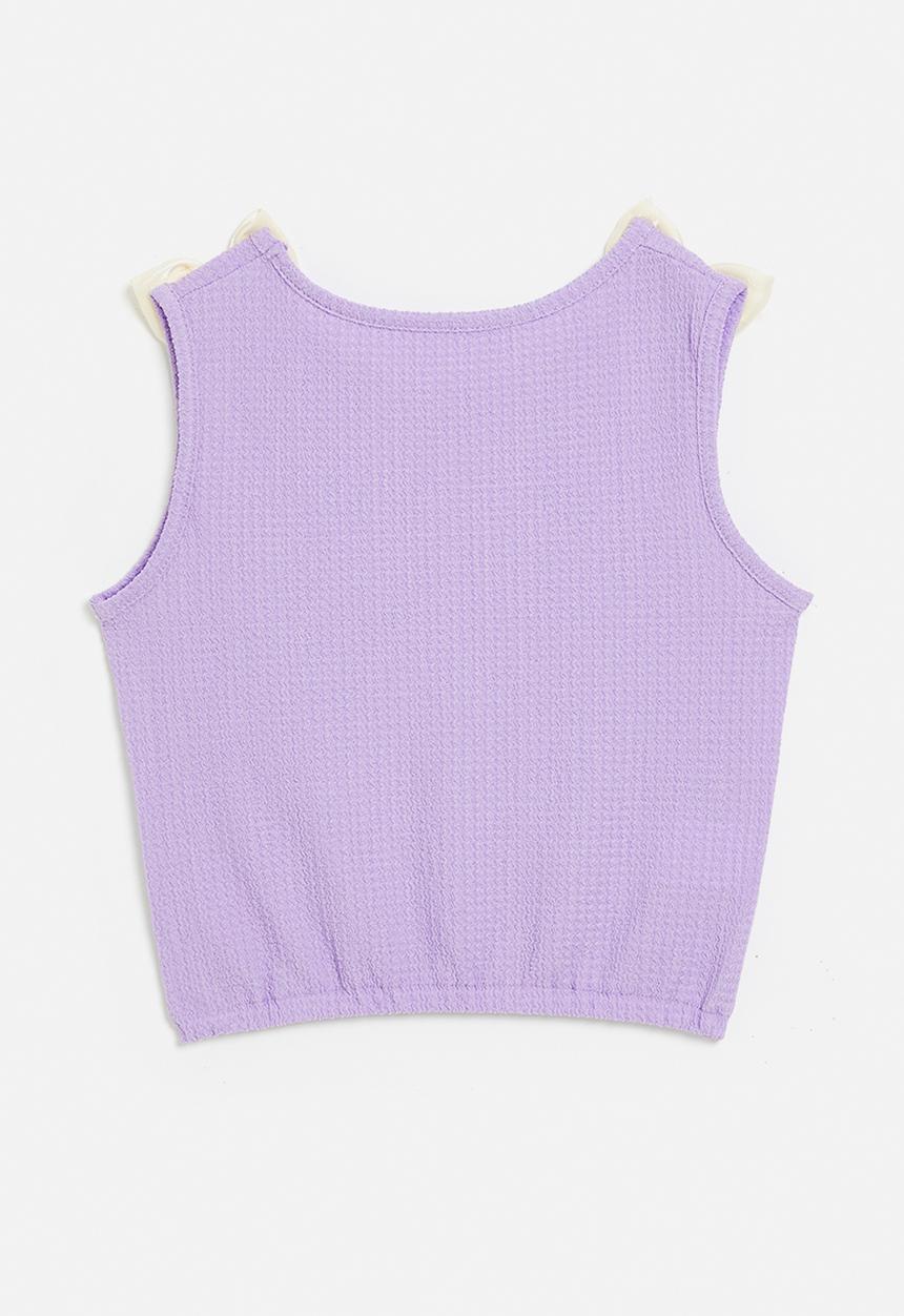 Pop Candy - Waffle knit top with liquid satin bow detail - lilac/cream