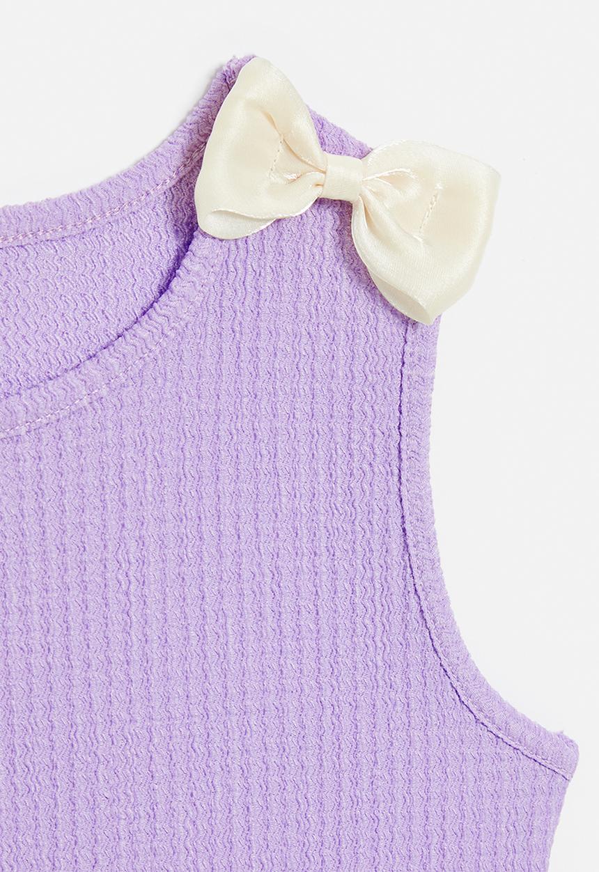 Pop Candy - Waffle knit top with liquid satin bow detail - lilac/cream