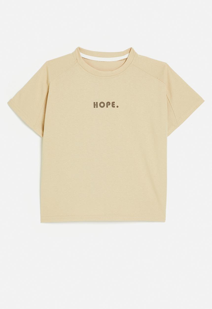 Pop Candy - Saddle shoulder slogan tee - wheat brown/hope