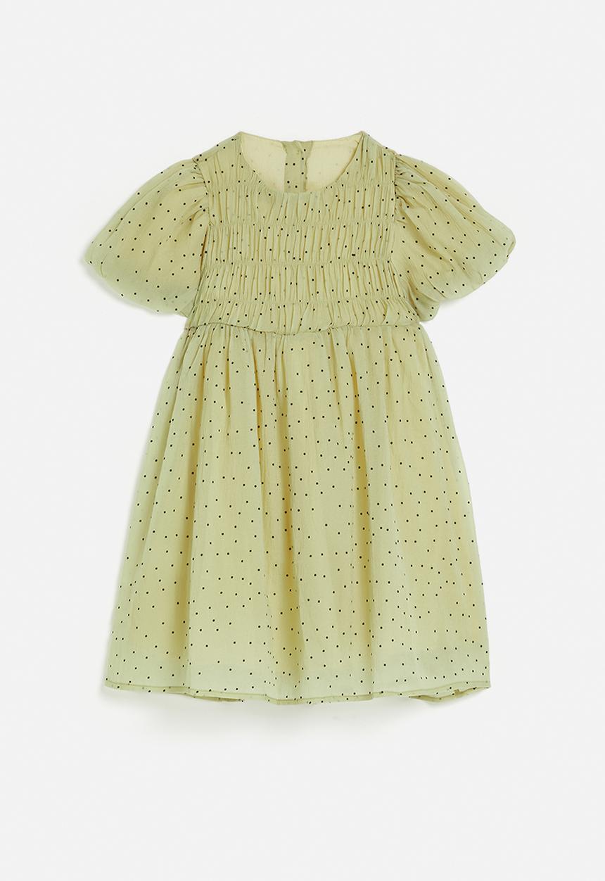 Pop Candy - Shirred bodice dress with bubble sleeves - green/micro dots