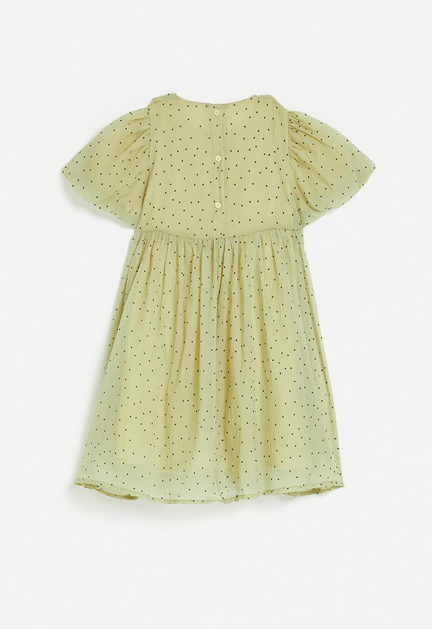 Pop Candy - Shirred bodice dress with bubble sleeves - green/micro dots