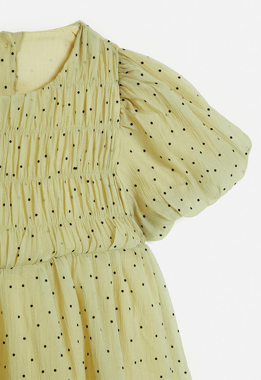 Pop Candy - Shirred bodice dress with bubble sleeves - green/micro dots
