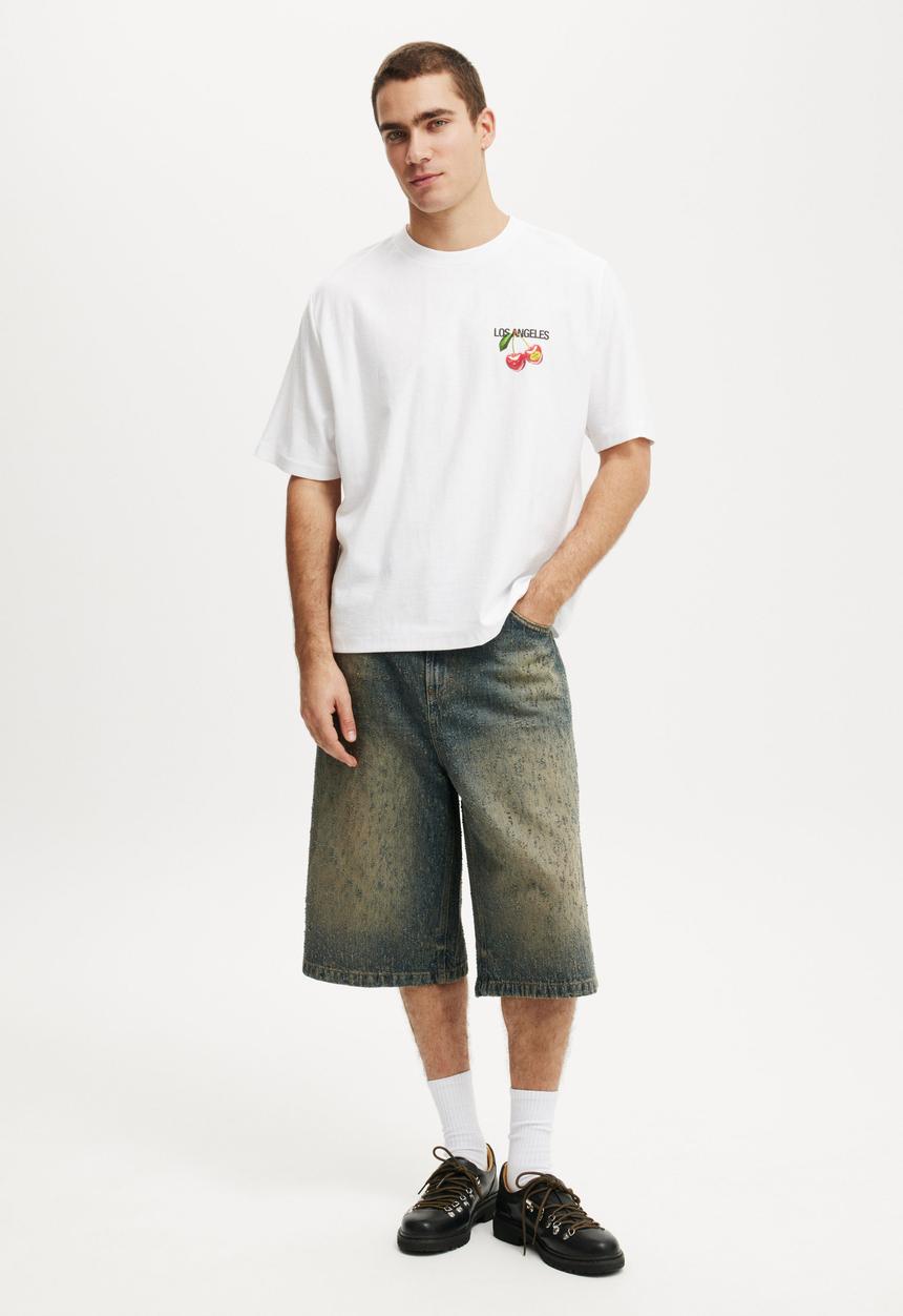 Cotton On - Cropped Fit Graphic T-shirt - White/Cherries