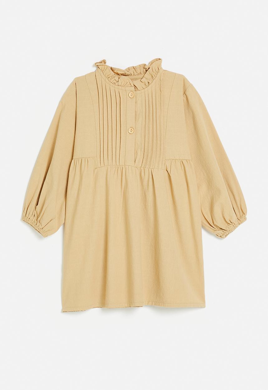 Pop Candy - Pin tucked bib dress with ruffle collar - brown