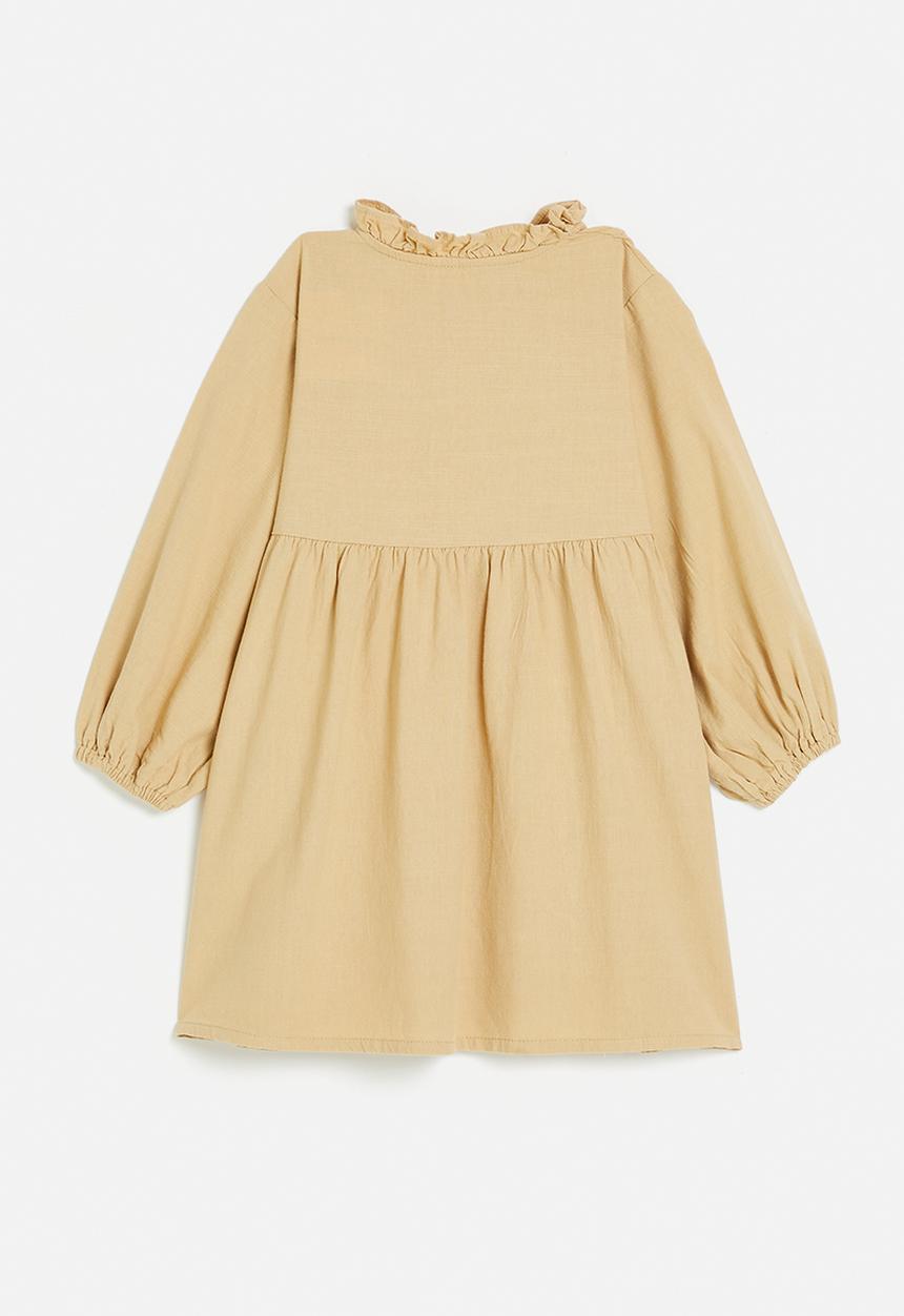 Pop Candy - Pin tucked bib dress with ruffle collar - brown