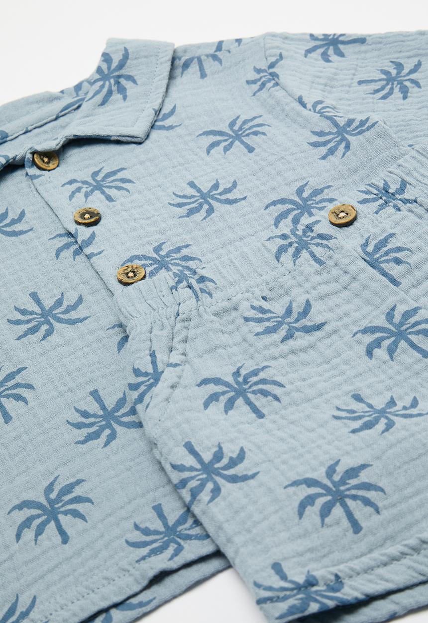 Pop Candy - Palm tree printed shirt & shorts with sunnies - misty blue