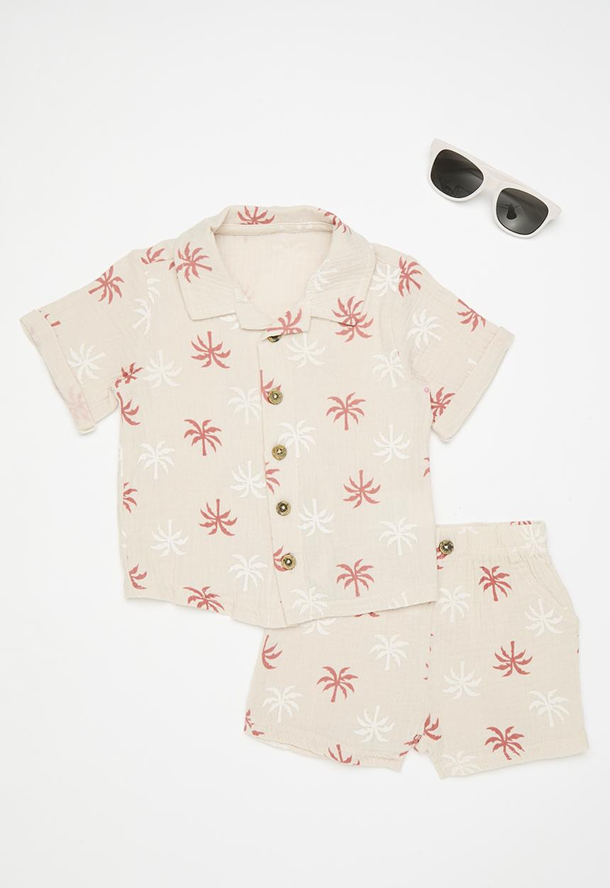Pop Candy - Palm printed shirt & shorts with sunnies - neutral/palm trees