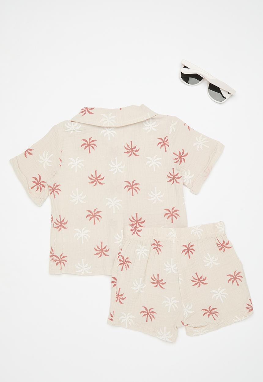 Pop Candy - Palm printed shirt & shorts with sunnies - neutral/palm trees