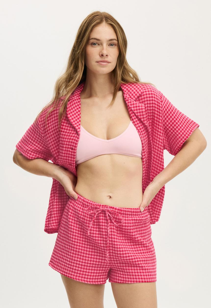 Cotton On - Relax short sleeve sleep set - flossy gingham pink/spicy red