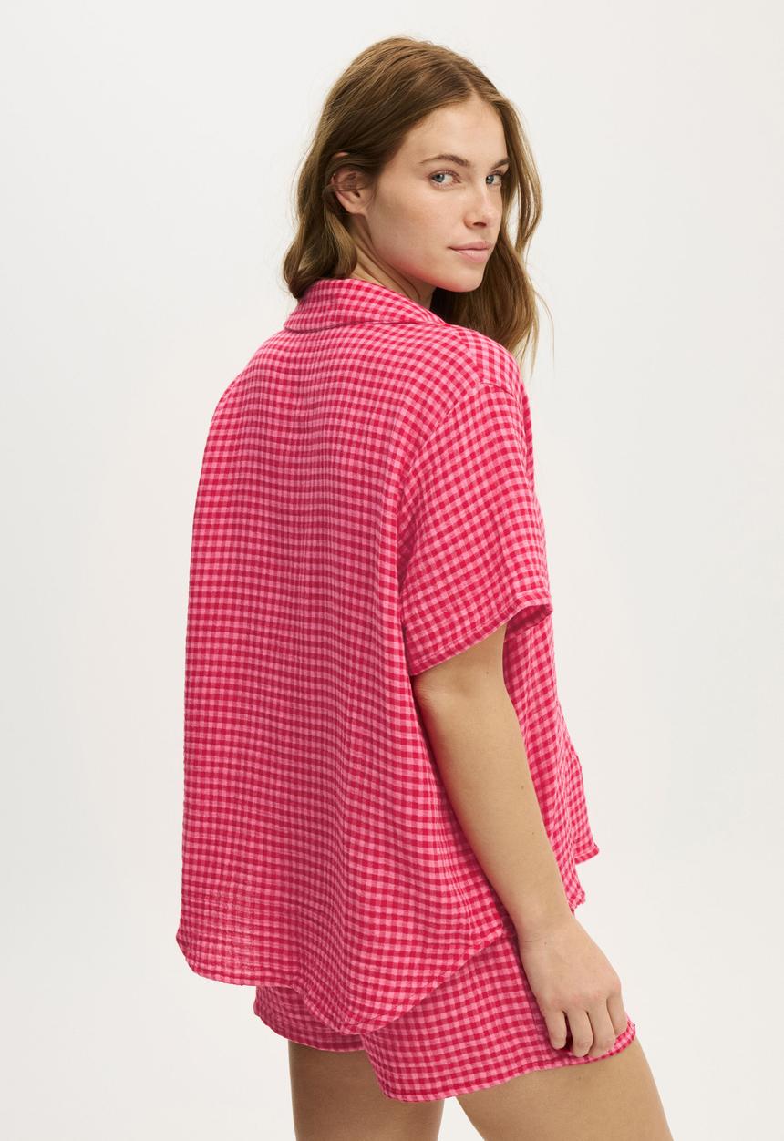 Cotton On - Relax short sleeve sleep set - flossy gingham pink/spicy red