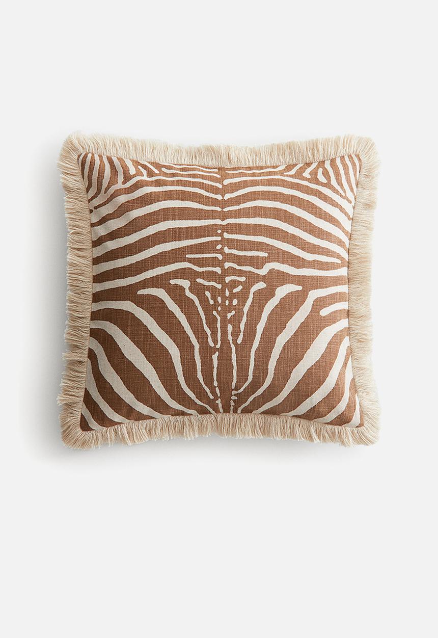 H&M - Fringed linen-blend cushion cover - light brown/zebra print