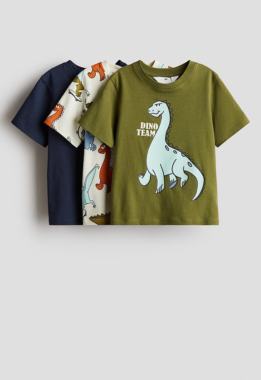 H&M - 3-Pack printed T-shirts - khaki green/dinosaurs