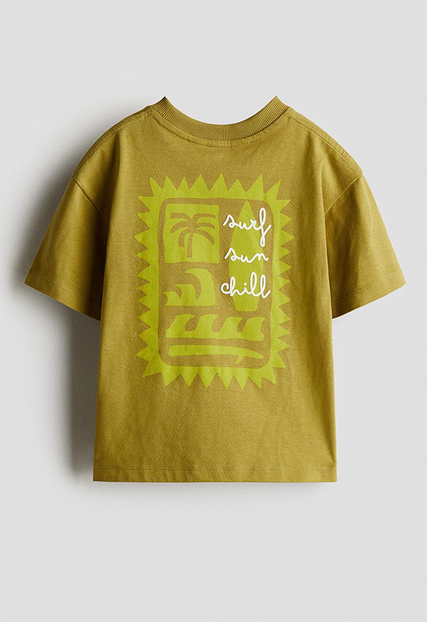 H&M - Loose-fit printed T-shirt - olive green/surf sun chill