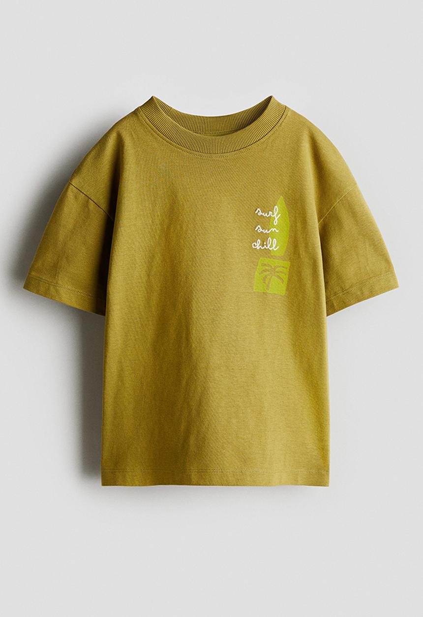 H&M - Loose-fit printed T-shirt - olive green/surf sun chill