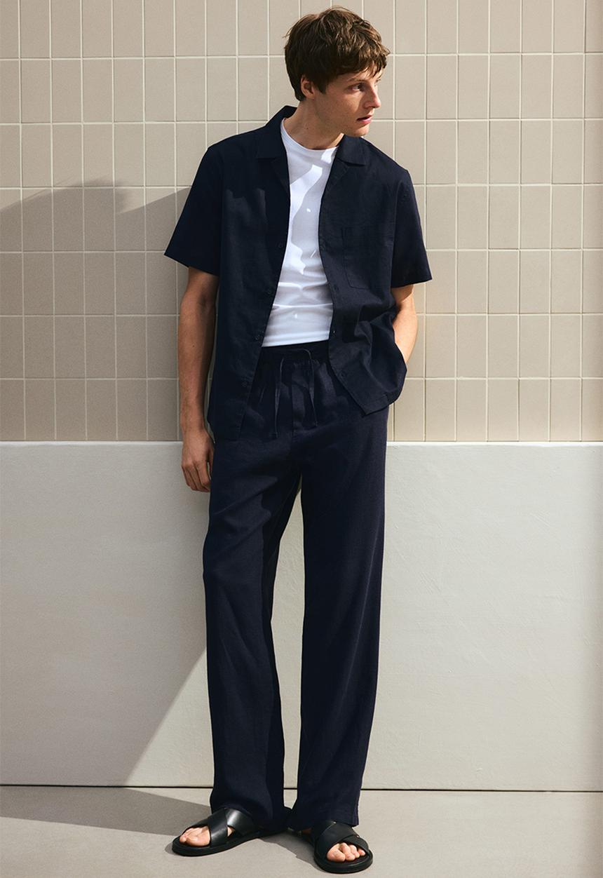 H&M - Relaxed fit linen-blend trousers - navy blue