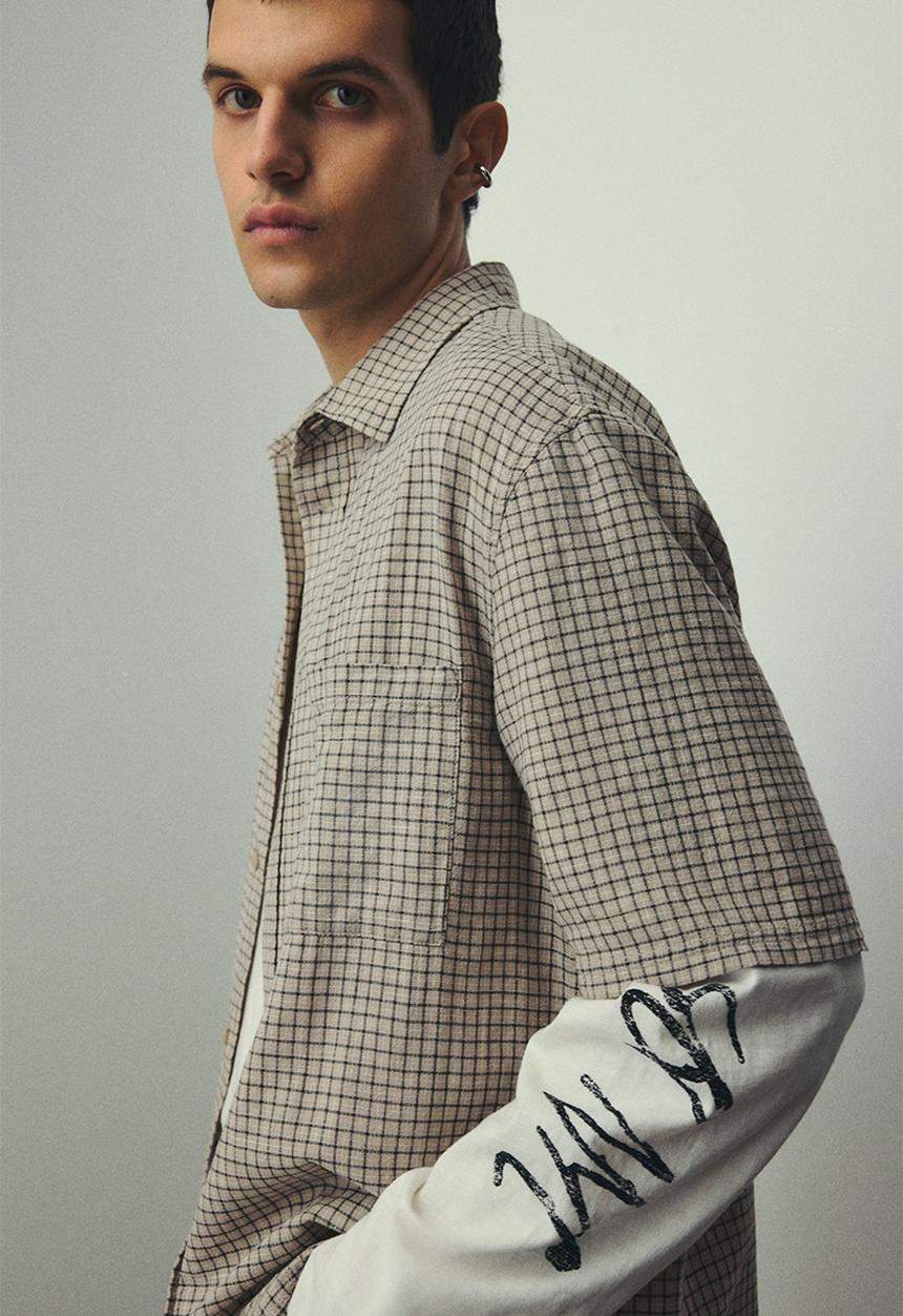 H&M - Oversized fit short-sleeved linen-blend shirt - beige checked